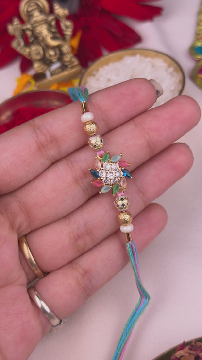 Luxury Multicolour Crystal Rakhi With Premium Metal Pen Gift Set