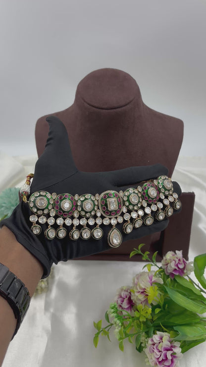 ZAREEN KUNDAN CHOKER MOISSANITE DROP NECKLACE.