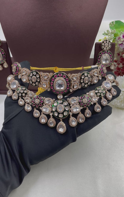 Rivee Moissanite Kundan Semi Bridal Necklace Set